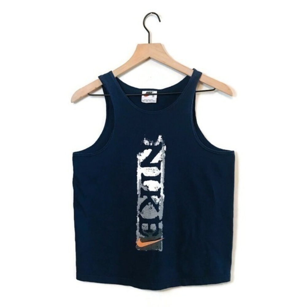 Vintage 1990s Nike Spell Out Tank Top Blue Double Sided Swoosh 100% Cotton Med
